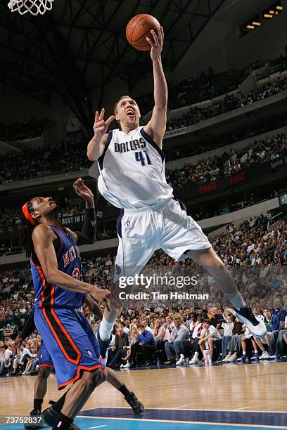 Dirk Nowitzki of the Dallas Mavericks lays it up against the New York Knicks on March 30, 2007 at the American Airlines Center in Dallas, Texas. NOTE...