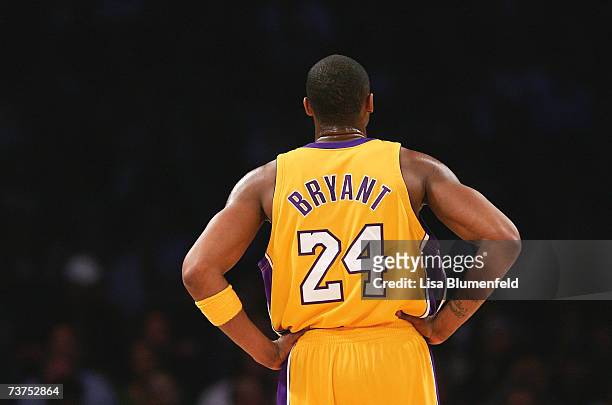 Kobe Bryant of the Los Angeles Lakers looks on during a freethrow in the first half against the Houston Rockets at Staples Center on March 30, 2007...