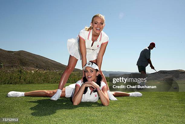 Playmates Katie Lohmann and Karen McDougal attend the 7th Annual Playboy Golf Scramble championship finals at Lost Canyons Golf Club on March 30,...