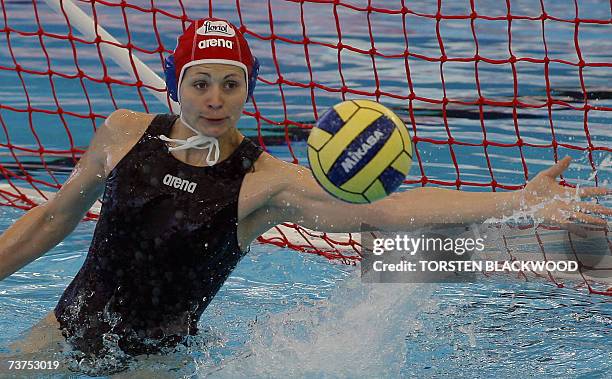Hungarian Water polo team goalkeeper Patricia Horvath blocks a Russian shoot 31 March 2007 in the Russia vs Hungary women water polo third place...