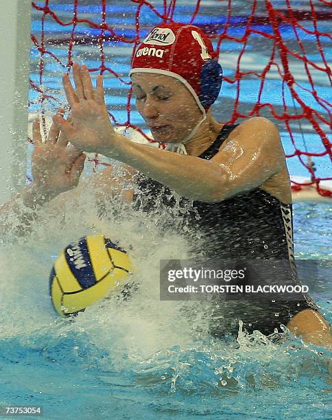 Hungarian goalkeeper Patricia Horvath blocks a Russian shoot 31 March 2007 during the Russia vs Hungary women water polo third place final of the...