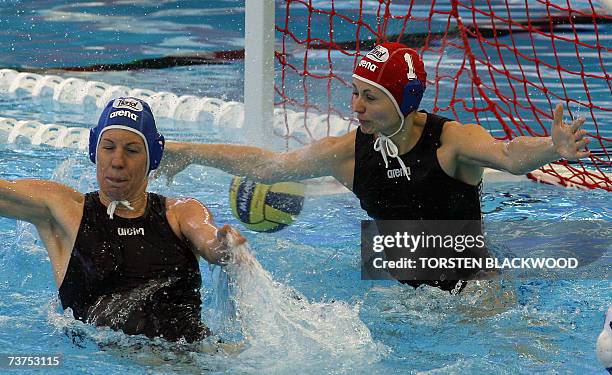 Hungarian goalkeeper Patricia Horvath and Orsolya Takacs fails to prevent the ball from entering their net 31 March 2007 during the Russia vs Hungary...