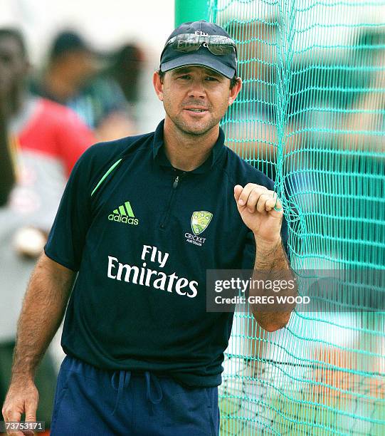 St John's, ANTIGUA AND BARBUDA: Australian captain Ricky Ponting leans on netting after bowling during training at the Sir Vivian Richards stadium in...