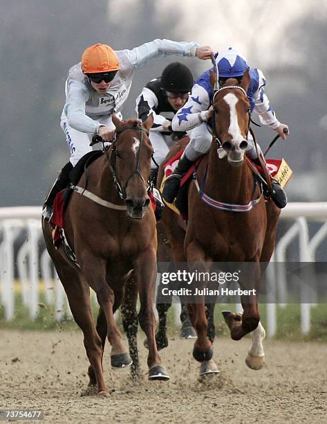 Fergus Sweeney and Precocious Star come up the home straight to land The intercasino.co.uk Masaka Stakes Race run at Kempton Park Racecourse on March...