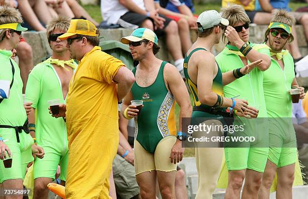 St John's, ANTIGUA AND BARBUDA: Australian fans wait for the start of the World Cup Cricket Super Eight match between Australia and Bangladesh at the...