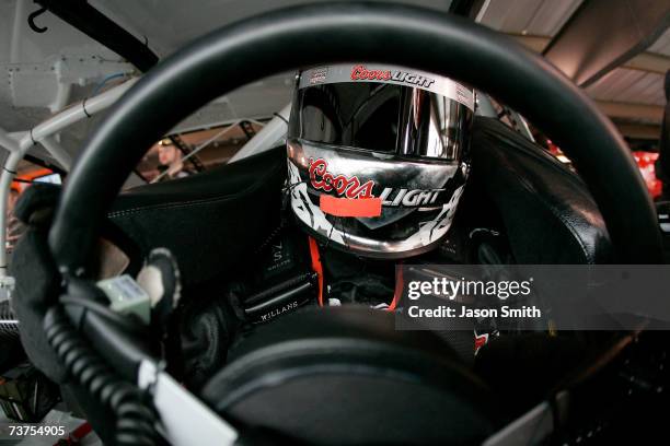 David Stremme, driver of the Coors Light Dodge, sits in his car prior to practice for the NASCAR Nextel Cup Series Goody's Cool Orange 500 at...