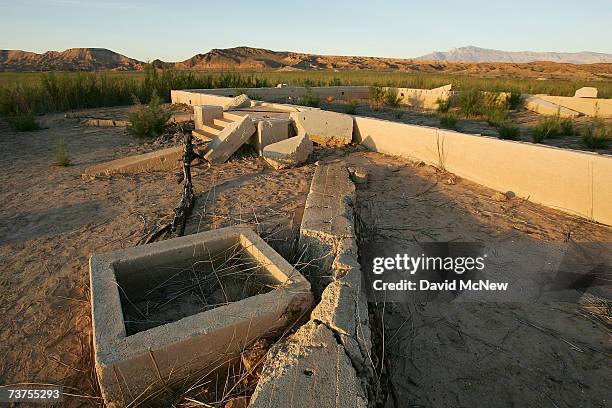 The ruins of a school in Mormon pioneer town Saint Thomas, flooded 70 years ago by the rising waters of the Colorado River when it was dammed to...