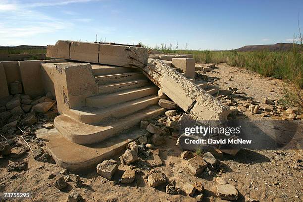 The ruins of a school in Mormon pioneer town Saint Thomas, flooded 70 years ago by the rising waters of the Colorado River when it was dammed to...