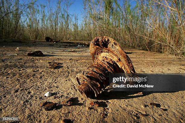 Artifacts that people have found are left on a foundation in Mormon pioneer town Saint Thomas, flooded 70 years ago by the rising waters of the...