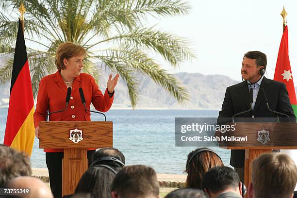 German Chancellor Angela Merkel speaks during a joint press conference with Jordan's King Abdullah II March 31, 2007 in Aqaba, Jordan. Merkel is on a...