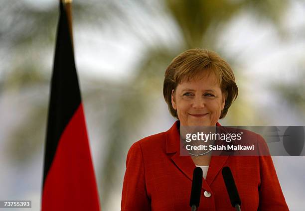 German Chancellor Angela Merkel speaks during a joint press conference with Jordan's King Abdullah II March 31, 2007 in Aqaba, Jordan. Merkel is on a...