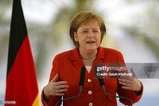 German Chancellor Angela Merkel speaks during a joint press conference with Jordan's King Abdullah II March 31, 2007 in Aqaba, Jordan. Merkel is on a...