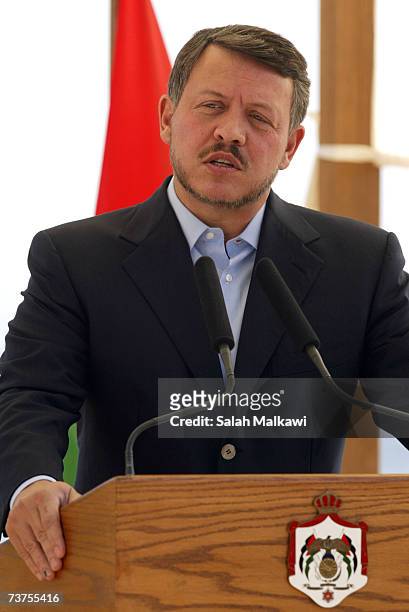 Jordan's King Abdullah II speaks during a joint press conference with German Chancellor Angela Merkel March 31, 2007 in Aqaba, Jordan. Merkel is on a...