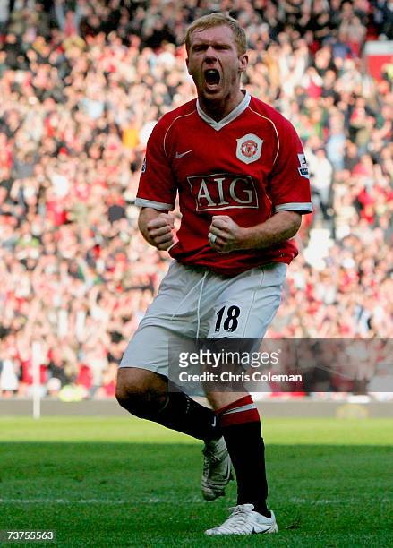Paul Scholes of Manchester United celebrates scoring their first goal during the Barclays Premiership match between Manchester United and Blackburn...