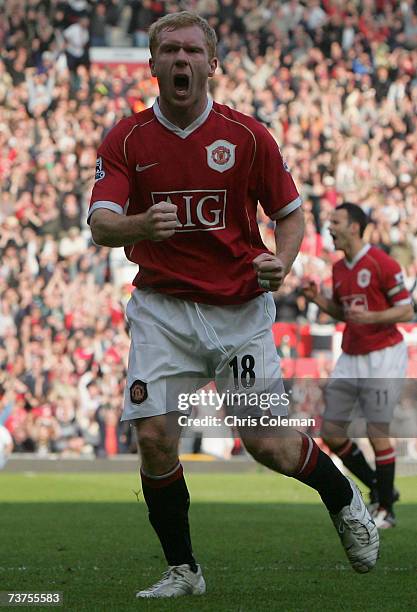 Paul Scholes of Manchester United celebrates scoring their first goal during the Barclays Premiership match between Manchester United and Blackburn...