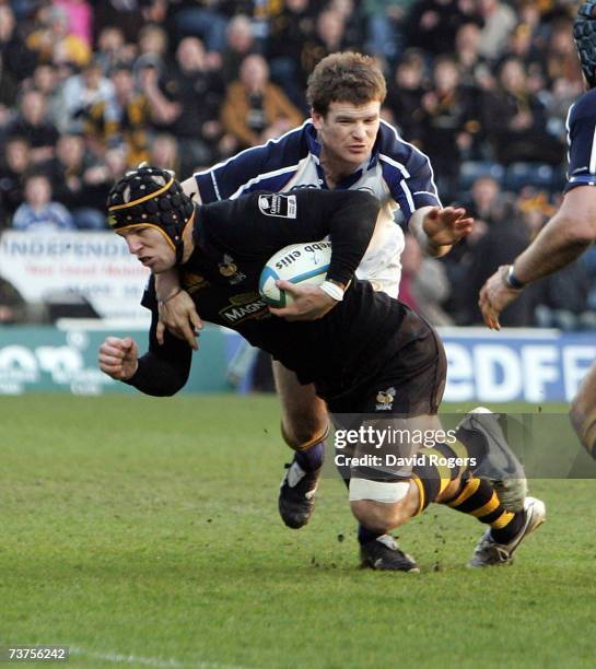 James Haskell of Wasps dives over to score the second try during the Heineken Cup quarter final match between London Wasps and Leinster at Adams Park...