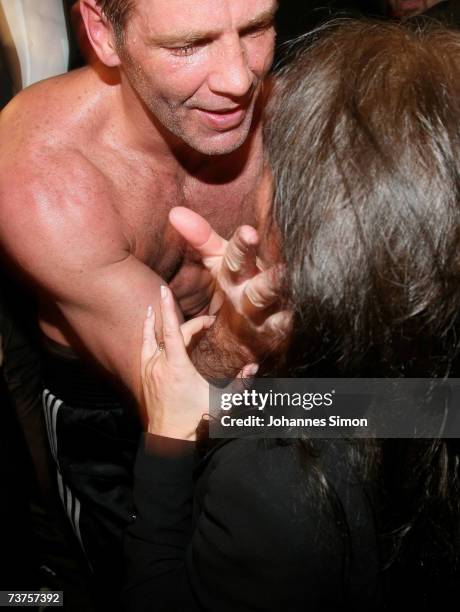 Henry Maske comes to his wife Manuela after winning the Cruiserweight fight of Henry Maske against Virgil Hill at the Olympic Hall on March 31, 2007...