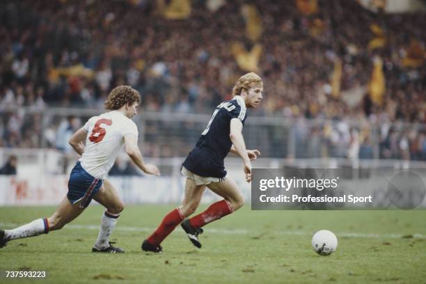 Scottish professional footballer and forward with Tottenham Hotspur, Steve Archibald pictured in action for the Scotland national football team...