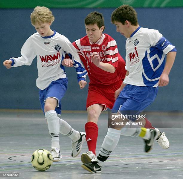 Team members of TSV Rosenheim and FK Pirmasens in action during the Futsal Cup at the Sportschool Kaiserau on April 01, 2007 in Bergkamen, Germany.