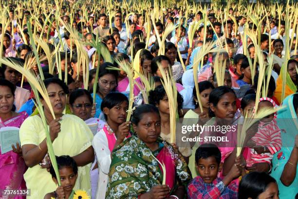 Indian Christian devotees stand with palm branches in Ranchi, 01 April 2007, as they await the arrival of The Archbishop of Ranchi, Cardinal...