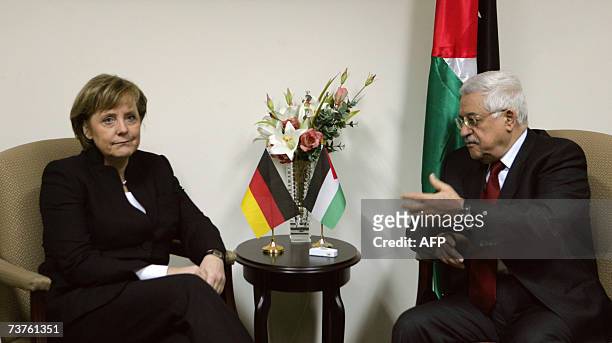 President Mahmud Abbas meets with German Chancellor Angela Merkel during their meeting at Abbas' headquarters in the West Bank city of Ramallah, 01...
