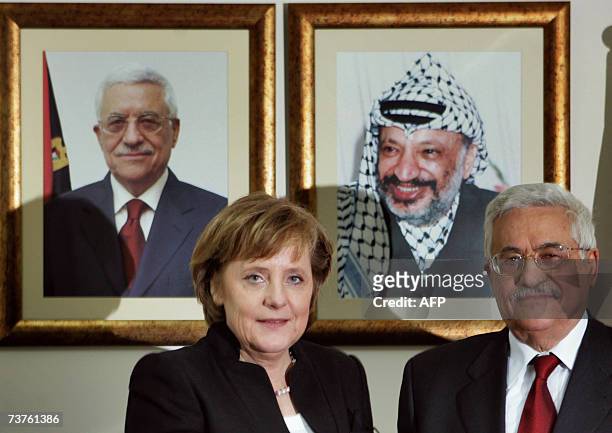President Mahmud Abbas meets with German Chancellor Angela Merkel at his headquarters in the West Bank city of Ramallah, 01 April 2007. In her first...