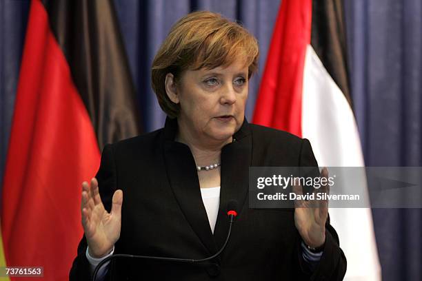 German Chancellor Angela Merkel gestures during her joint press conference with Palestinian President Mahmoud Abbas after their meeting April 1, 2007...
