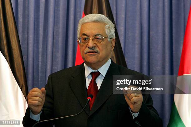 Palestinian President Mahmoud Abbas gestures during his joint press conference with German Chancellor Angela Merkel after their meeting April 1, 2007...