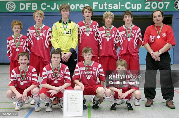 The members of TSV Rosenheim pose after winning the 2nd place at the Futsal Cup at the Sportschool Kaiserau on April 01, 2007 in Bergkamen, Germany.