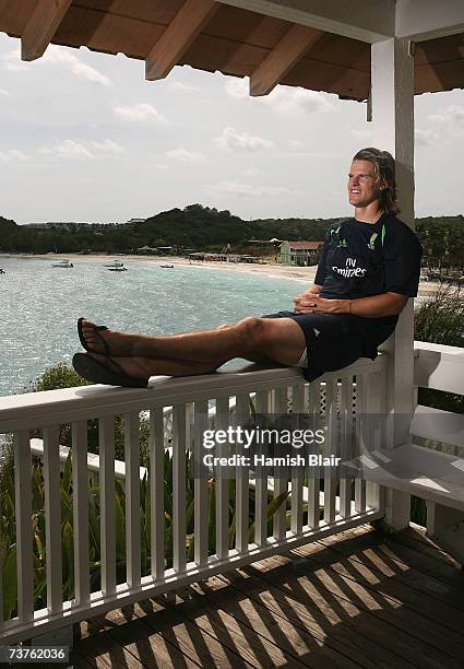 Nathan Bracken of Australia poses after a press conference at the Occidental Grand Pineapple Beach Resort on April 1 in St John's, Antigua and...
