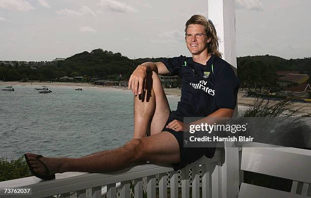 Nathan Bracken of Australia poses after a press conference at the Occidental Grand Pineapple Beach Resort on April 1 in St John's, Antigua and...