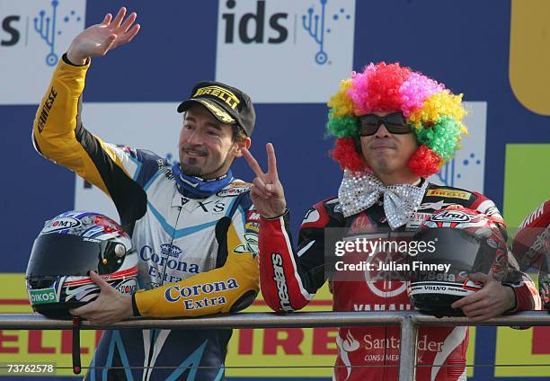 Max Biaggi of Italy and Team Alstare Suzuki Corona Extra who finished second and Noriyuki Haga of Japan and Yamaha Motor Italia who won the second...