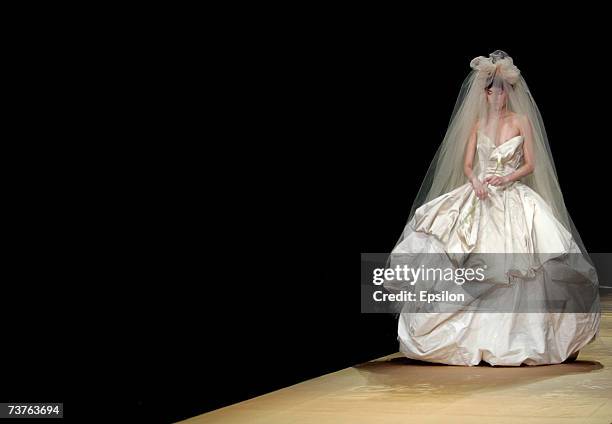 Model presents a creation by British designer Vivienne Westwood during Russian Fashion Week on April 1, 2007 in Moscow, Russia.