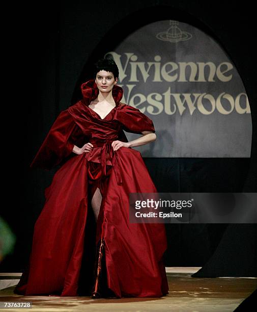 Model presents a creation by British designer Vivienne Westwood during Russian Fashion Week on April 1, 2007 in Moscow, Russia.
