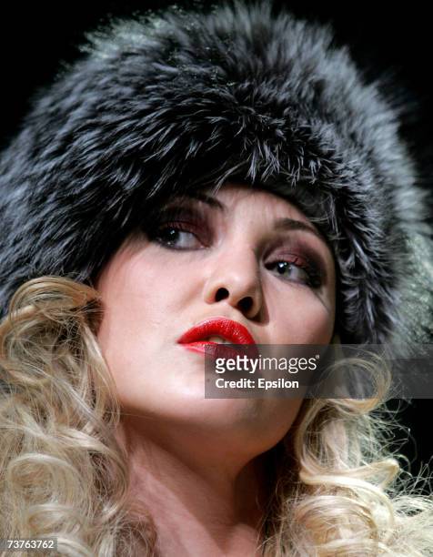 Model presents a creation of designer Sasa Milojkovic during Russian Fashion Week on April 1, 2007 in Moscow, Russia.