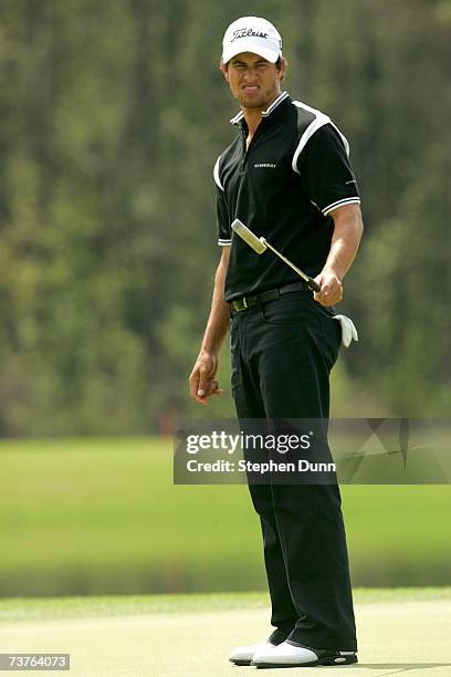 Adam Scott of Australia watches his putt on the sixth hole during the final round of the Shell Houston Open on April 1, 2007 at the Redstone Golf...