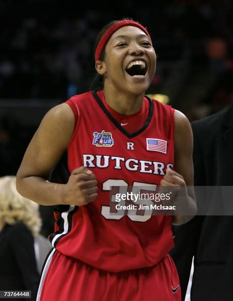 Brittany Ray of the Rutgers Scarlet Knights celebrates their 59-35 win against the LSU Lady Tigers during the National Semifinal game of the 2007...