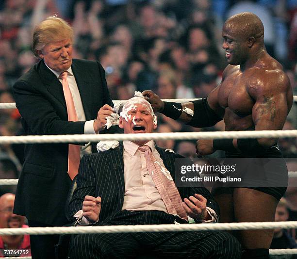 Chairman Vince McMahon has his head shaved by Donald Trump and Bobby Lashley after losing a bet in the Battle of the Billionaires at the 2007 World...