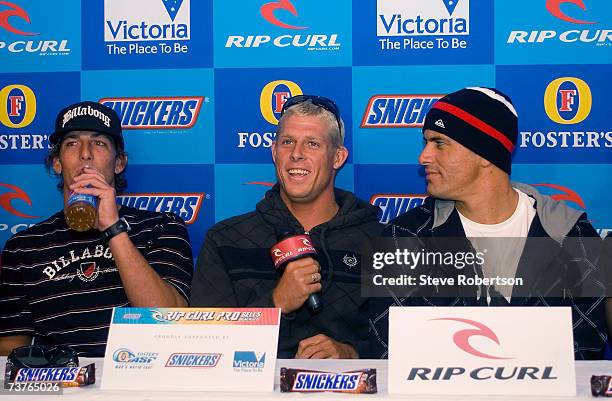 Mick Fanning is seen during Rip Curl Pro Press conference as three time world champion Andy Irons and eight time world champion Kelly Slater look on...