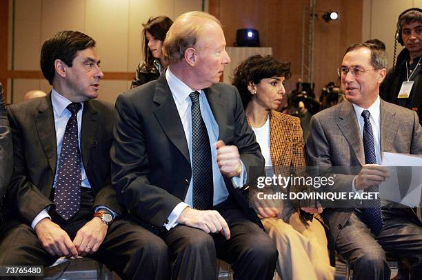 From left to right: campaign staff members Francois Fillon, Brice Hortefeux, Rachida Dati and Claude Gueant, attend during a press conference of...