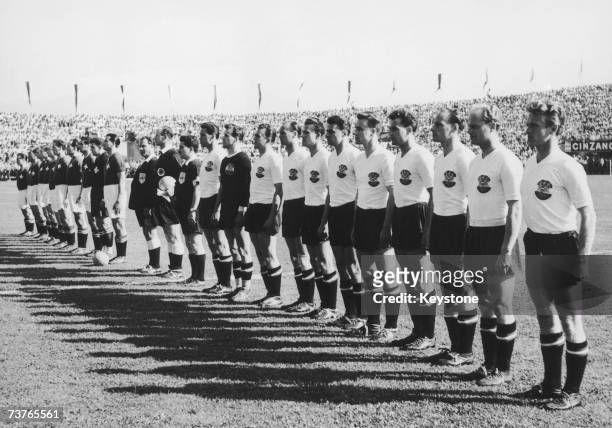 The Swiss and Austrian national anthems are played before their World Cup quarter-final match at the Olympic stadium, Lausanne, Switzerland, 26th...