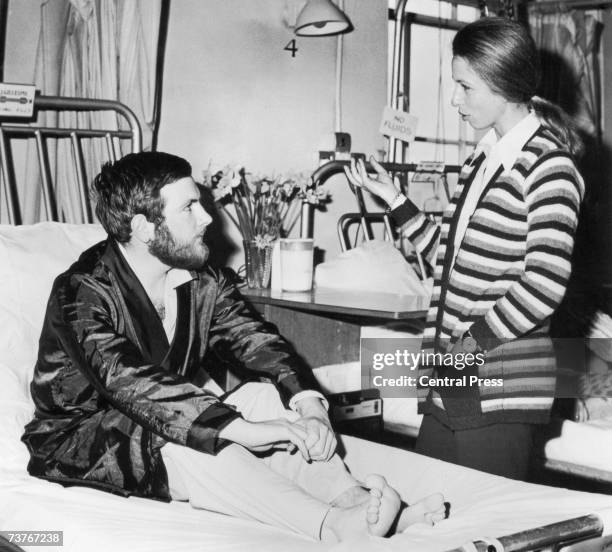 Princess Anne visiting police officer Michael Hills at St George's Hospital in London after he was shot in the stomach while attempting to intervene...