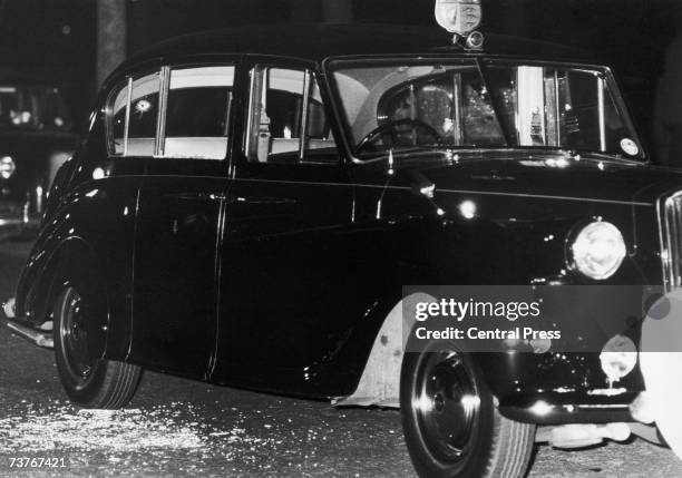 The Rolls-Royce, in which Princess Anne and her husband Mark Phillips were travelling, at the scene of an attempted kidnap on the princess in Pall...