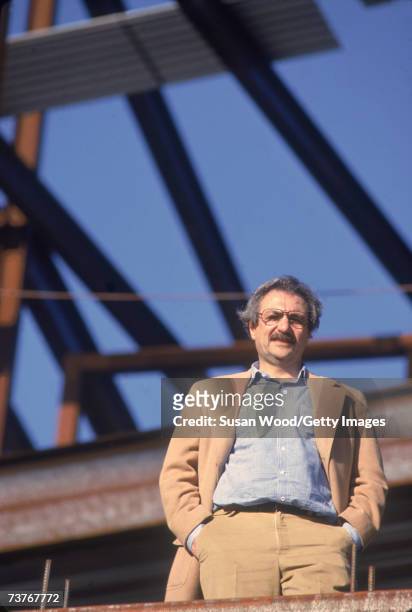 Canadian-born American architect Frank Gehry, born Ephraim Owen Goldberg, stands amid steel I-beams at the construction site of a building he...