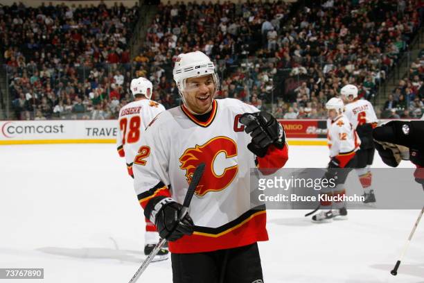 Jarome Iginla of the Calgary Flames celebrates his second goal of three against the Minnesota Wild during the game at Xcel Energy Center on March 29,...