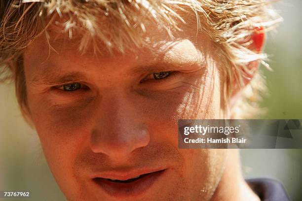Shane Watson of Australia speaks to the media during a press conference at the Occidental Grand Pineapple Beach Resort on April 2 in St John's,...
