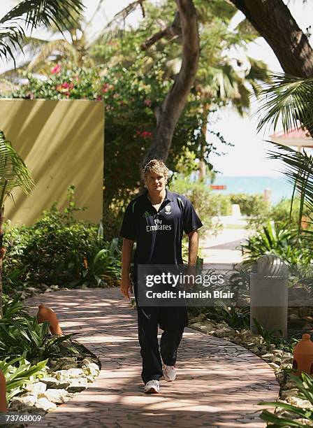 Shane Watson of Australia arrives to speak to the media during a press conference at the Occidental Grand Pineapple Beach Resort on April 2 in St...