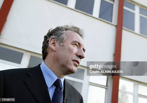 French centrist Union for the French Democracy leader and presidential candidate Francois Bayrou is seen after his visit of "Chausson outillage", a...