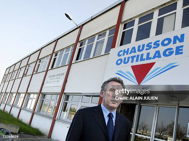 French centrist Union for the French Democracy leader and presidential candidate Francois Bayrou is seen after his visit of "Chausson outillage", a...