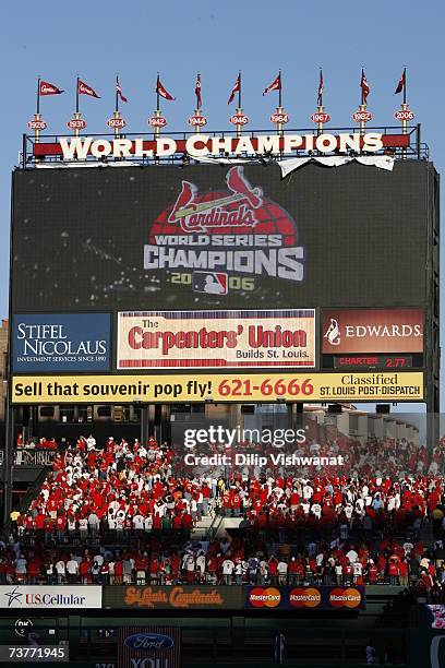 Sign denoting the St. Louis Cardinals 2006 World Championship is unveiled before their Opening Day game against the New York Mets on April 1, 2007 at...